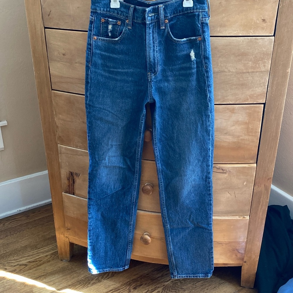 Gap sky, high straight, darker wash jeans with gentle distressing